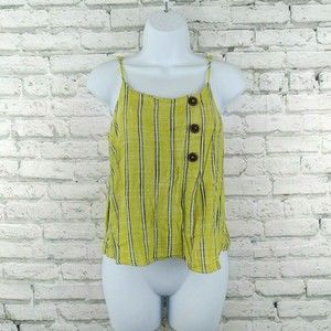 E&M Womens Tank Top Small Green Striped Sleeveless Scoop Neck Button Detail
